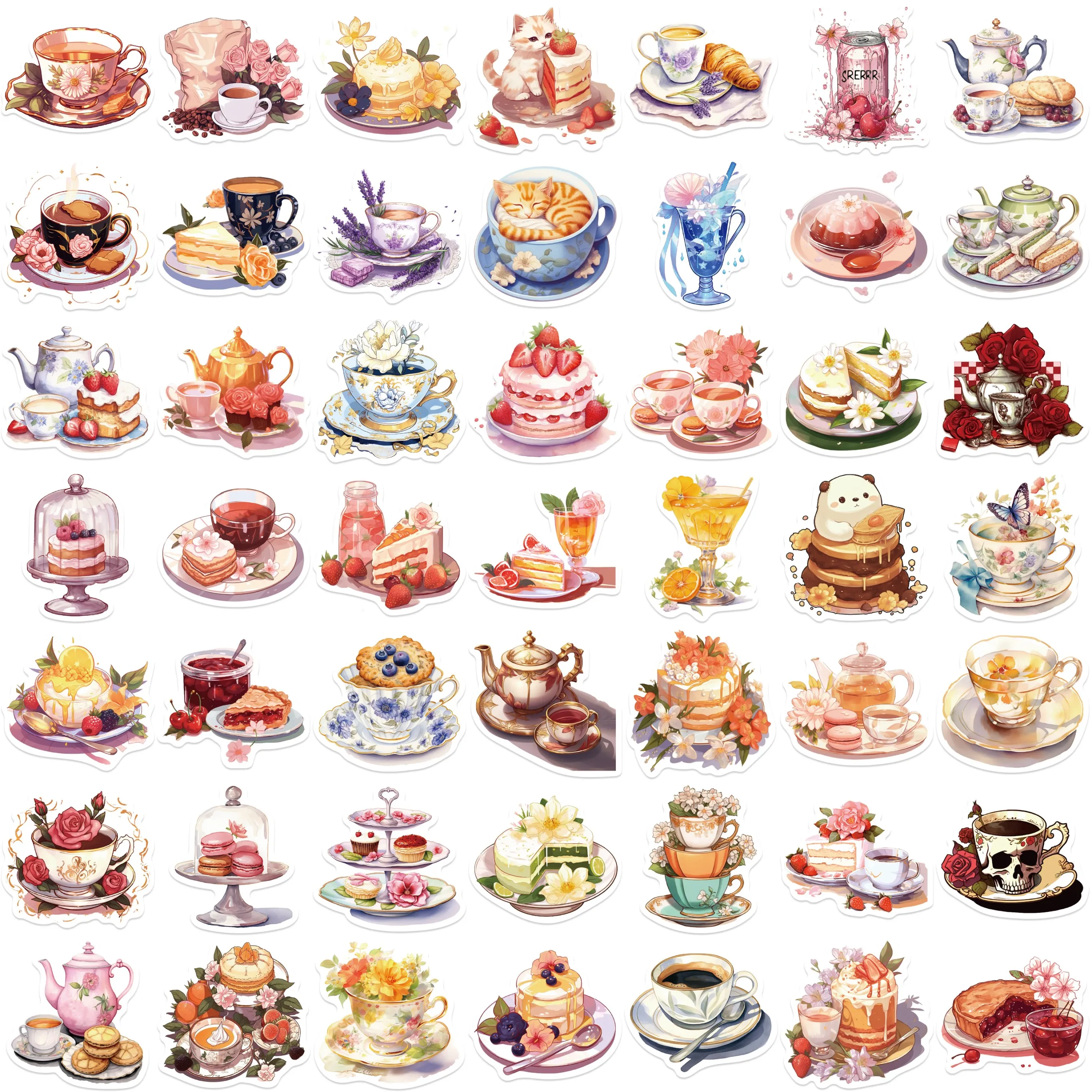 50pcs Cartoon Aesthetic Afternoon Tea Cake Stickers For Laptop Water Bottle Luggage Notebook Waterproof Graffiti Vinyl Decal﻿