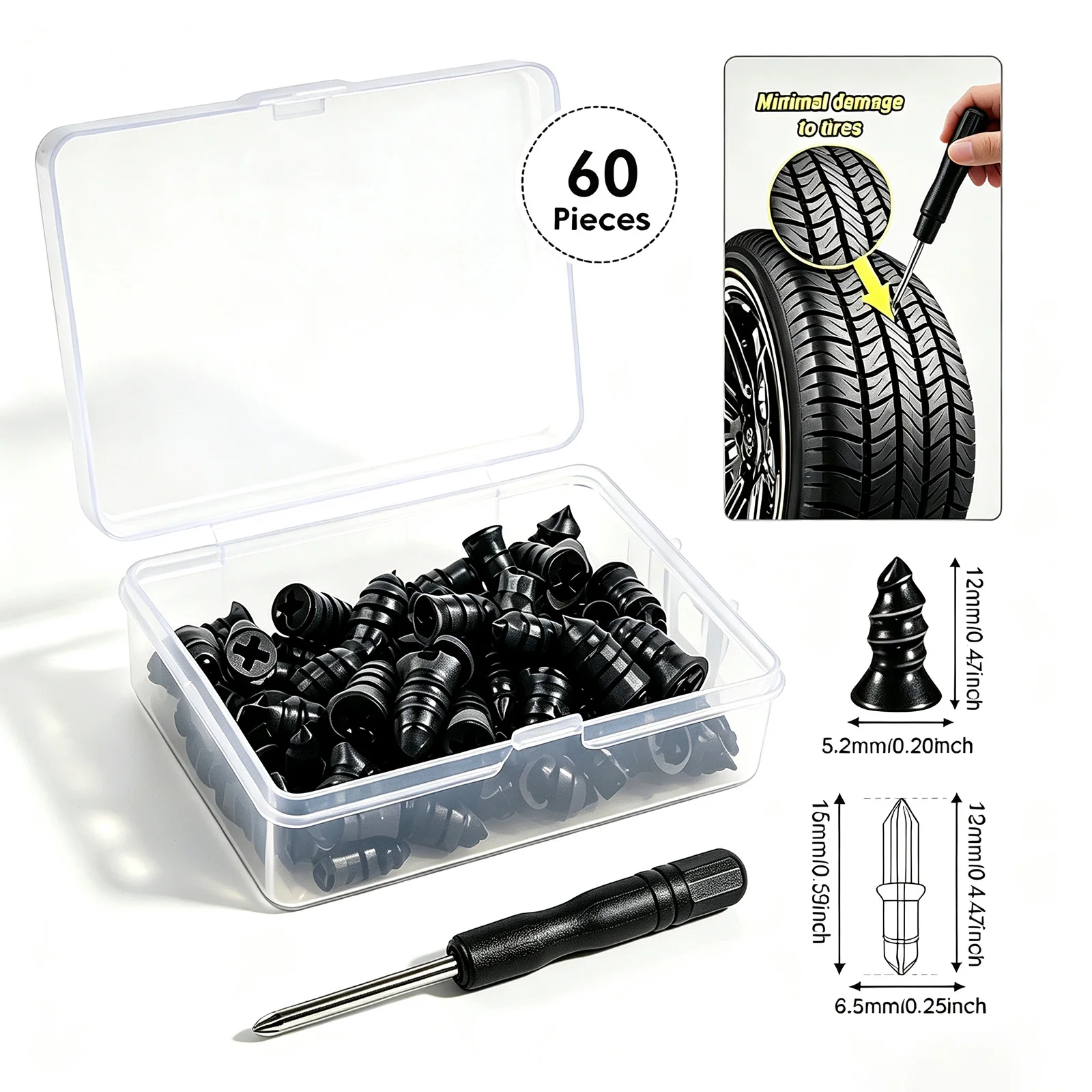 Kit Universal de Reparo de Pneus Sem Câmara com Chave de Fenda, Caixa de Armazenamento e Pregos de Borracha para Carro, Caminhão, Moto, Bicicleta - Reparo DIY de Furos