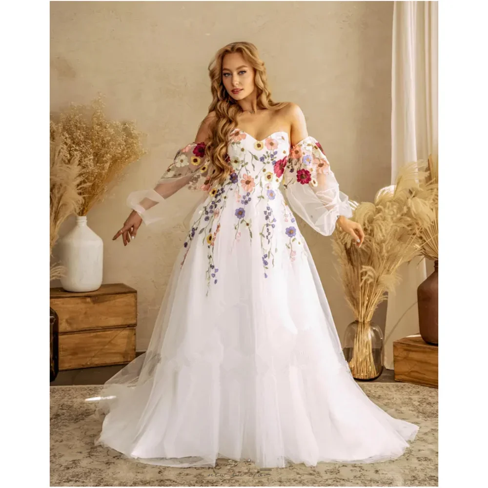 White Flowers Embroidery Detachable Puff Sleeve Sweetheart vestido de novia Mesh vestidos de noche Floor-Length فساتين سهرات