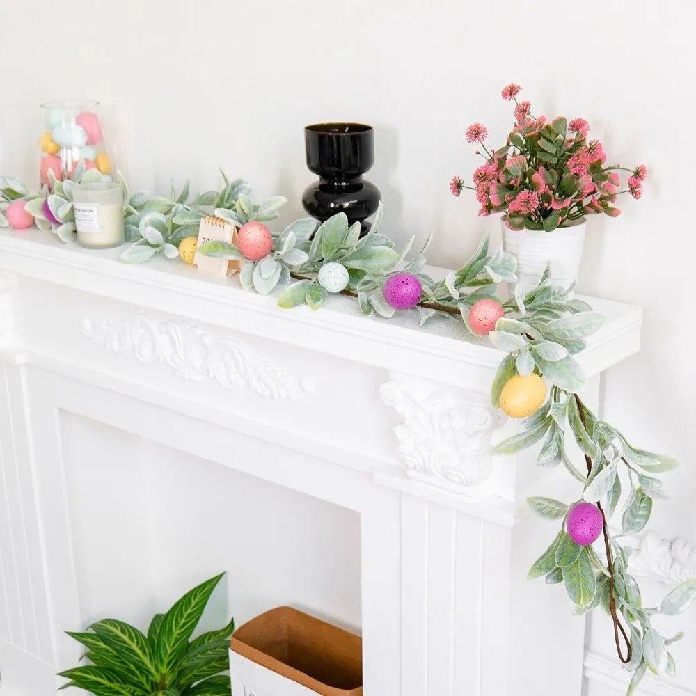 

Красочная пасхальная гирлянда из яиц с зелеными листьями, пластиковая искусственная подвесная гирлянда, гирлянда из пятнистых яиц, реалистичная гирлянда-лиана из яиц, декор для дома