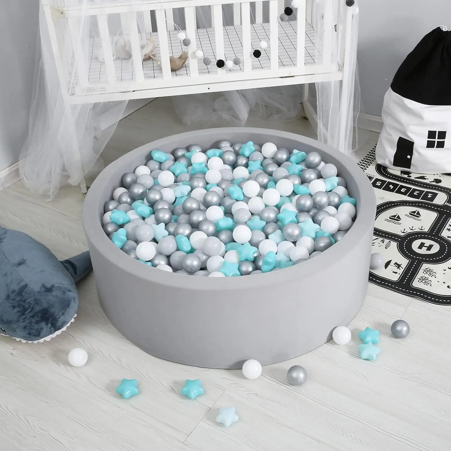 Bolas de plástico para niños pequeños, parque infantil, piscina, decoración de fiesta Pastel para bebés, verde, gris y blanco, 100 bolas