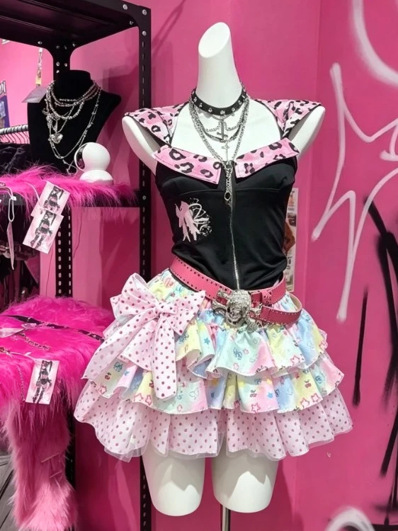 Y2K Kawaii Vintage Lolita Minirock für Damen, Gepunkteter Rüschenrock mit Schleife, Retro Kurzrock, Sommer 2026 Party Casual Rock, Modisch
