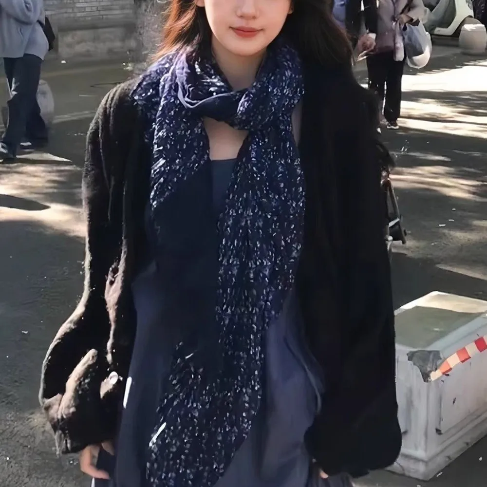 Vintage Flower Printed Pleated Scarf Yarn Color Block Neck Wrap Dual-Use Polyester Neck Warmer Women