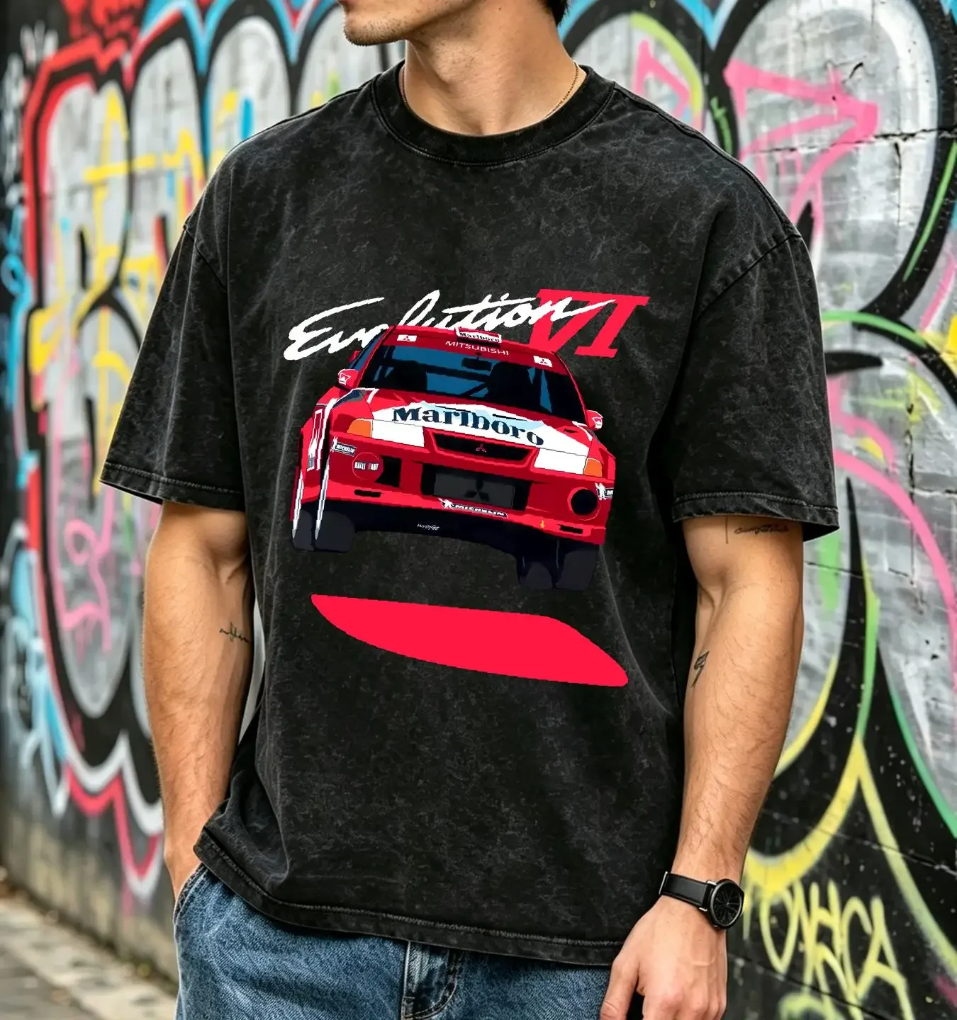 washed T Shirt Lancer Evolution 6 Vintage Rally Car Jump Scene Tommi Vector Art Cotton vintage Washed Slightly Soft fashion