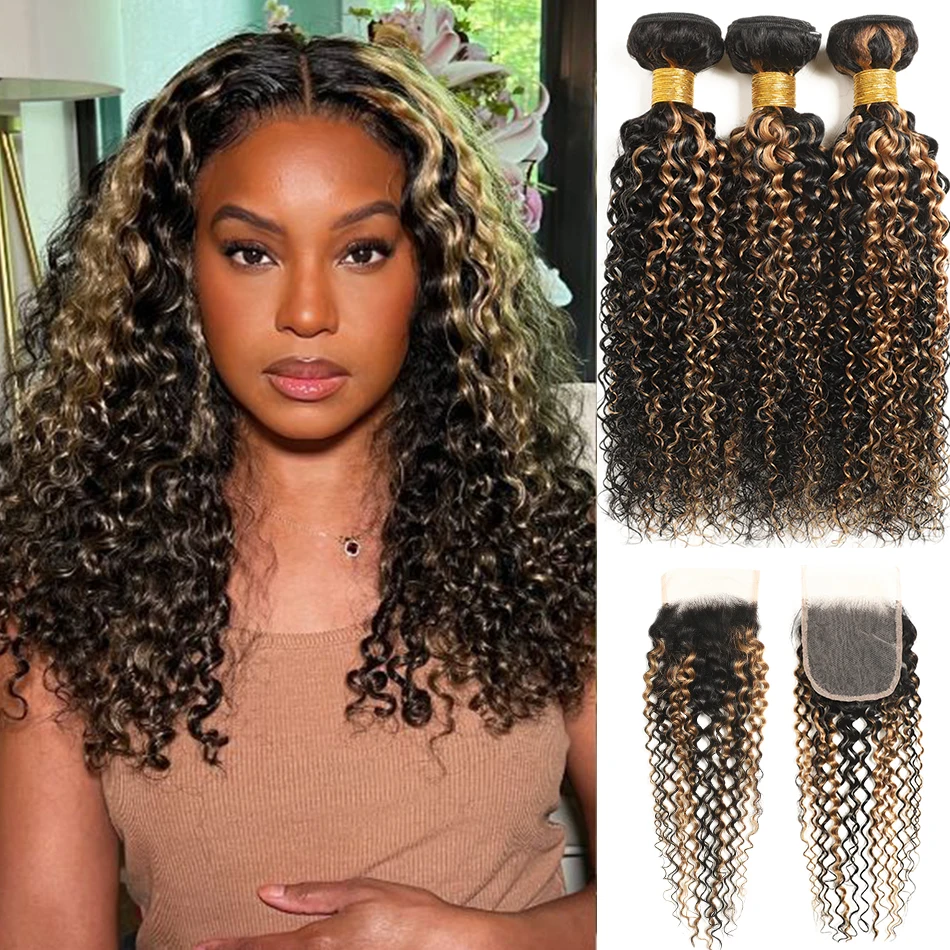 100% Virgin Human Hair Honey Blonde Curly Human Hair 3/4 Bundles With Closure Ombre Kinky Curly Hair Bundles 4x4 HD Lace Closure