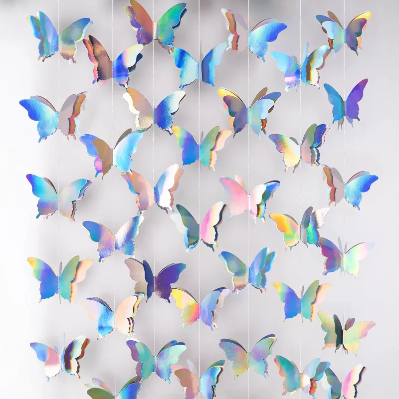 3Pcs 3D Iridescent Butterfly Hanging Paper Garlands Backdrops for Birthday Baby Shower Wedding New Year Party Home Decorations