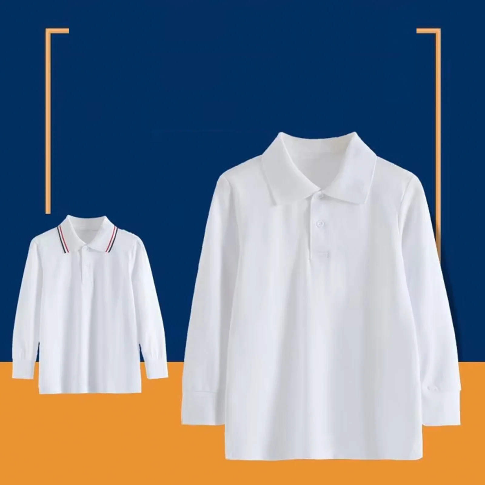 Children's Long Sleeved, Boys Girls, Middle-Aged Young Children, Pure Cotton Collar, Primary School Uniform, White Polo Shirt,