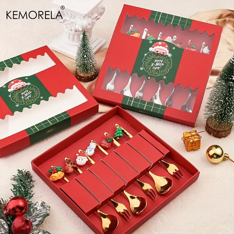 6Pcs Christmas Spoon Fork Set Elk Christmas Tree Tableware Stainless Steel Coffee Spoon Tea Spoon Dessert Scoop Xmas Decor Gift