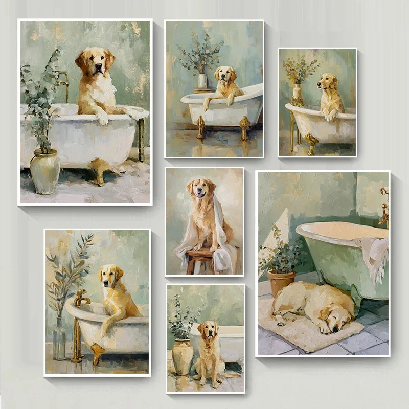 1PCS frameless Minimalist Trendy Dog Bathroom Bathtub Posters Golden Retriever Spa Modern Prints Canvas Painting Wall Pictures H