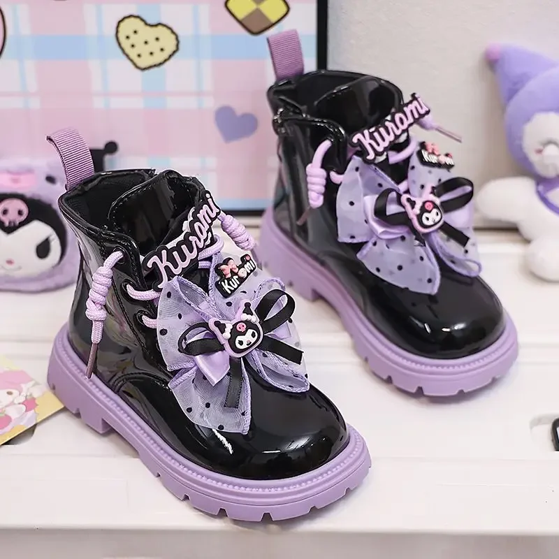 2024 Kawaii Sanrio Kuromi Girls Boots Autumn Sweet Cute Cartoon Children Martin Boots Princess Shoes Leather Boots Gift for Kids