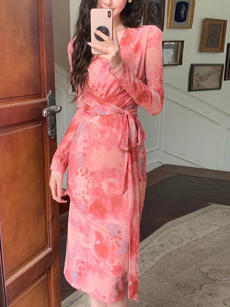 Women Clothes Sweet Mesh Floral Print V-Neck Slim Bandage Midi Pencil Dress Elegant Commute  Vestidos Robe Casual Autumn Korean