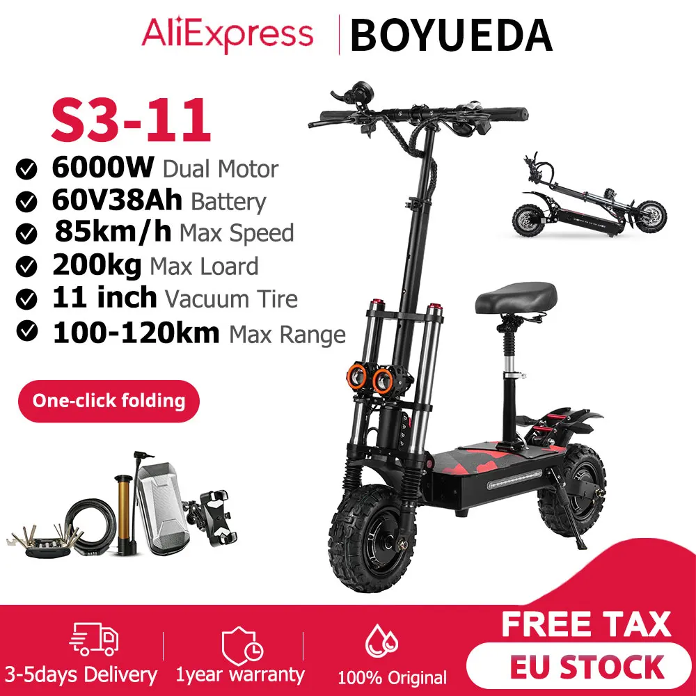BOYUEDA-patinete eléctrico de S3-11, Motor Dual de 6000W, 85 km/h, 60V38Ah, rango de 120KM, carga máxima de 200KG, patinete eléctrico plegable todoterreno para adultos de 11"