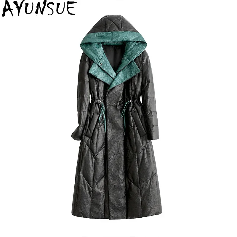 

High AYUNSUE Quality Genuine Leather Down Jacket Women Hooded Winter Real Sheepskin Coat Elegant Long Parkas Jaqueta Feminina