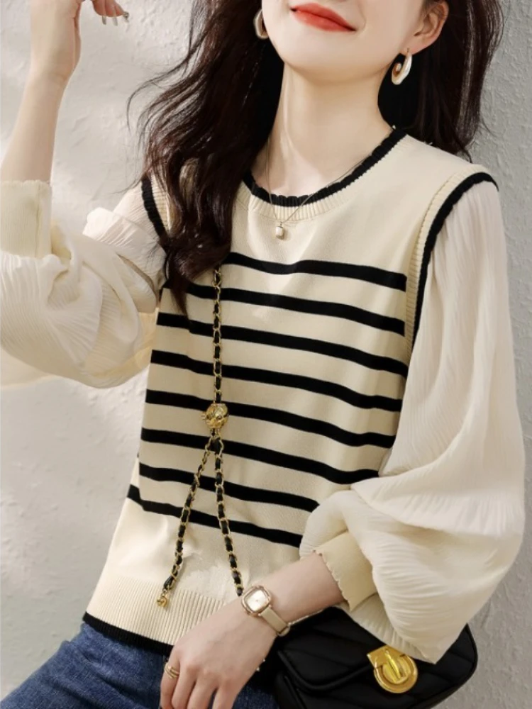 سترة نسائية متماسكة ملابس شتوية كورية موضة فضفاضة للخريف الترفيه لاعبا شريطية بأكمام طويلة بلوفر نسائي #6