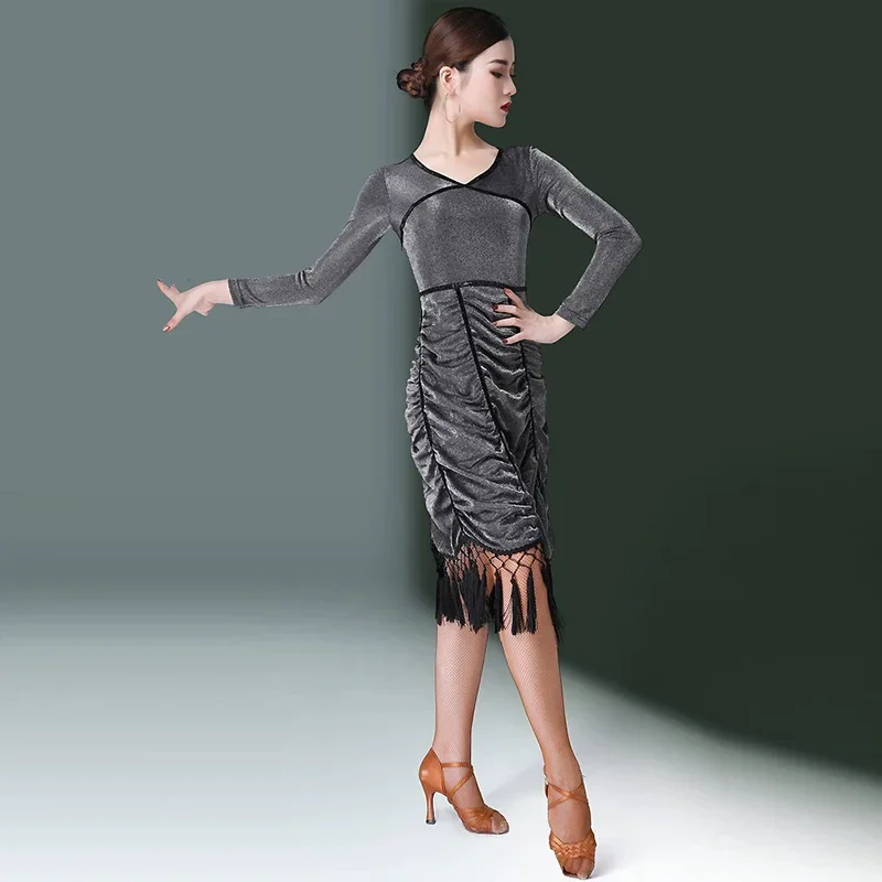 섹시 라틴 댄스 의상 봄 여름 신상 라인 댄스 스커트 슬림핏 태슬 여성 드레스 긴팔 의류