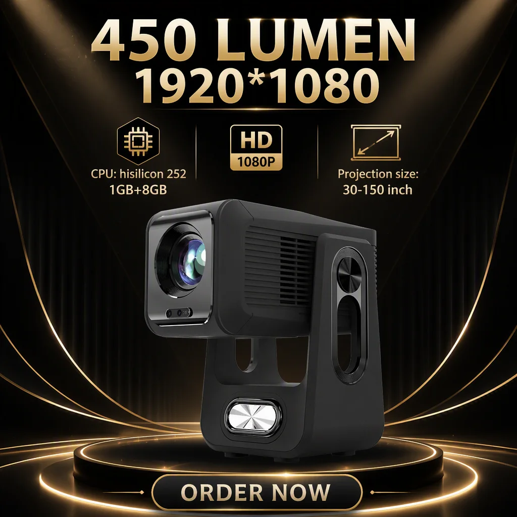 2026 New Smart Projector Machine Ultra-Clear 450Lumen  Enclosed Optical LED Android 12 Dual-Band Game Projector