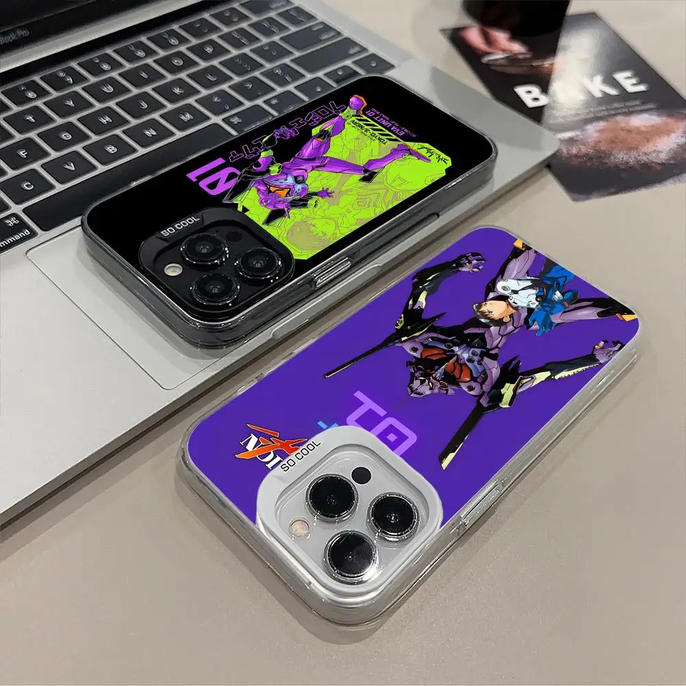 Casing ponsel Anime EVA untuk iPhone, casing ponsel pintar penutup transparan berwarna untuk iPhone 16 15 14 13 12 11 X XR XS 8 7 Pro Max Plus