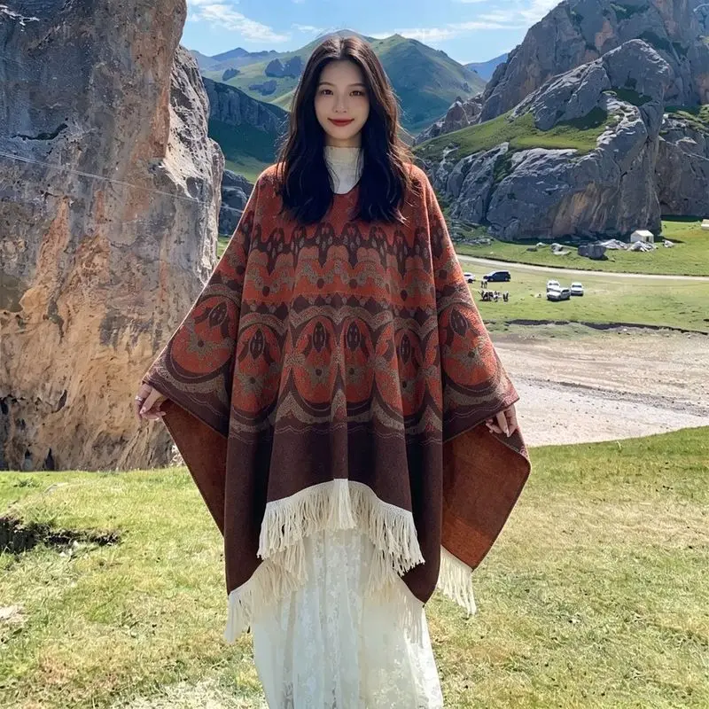 Jacquard tassel shawl, ethnic-style split cape women, suitable for travel and as an outerwear accessory