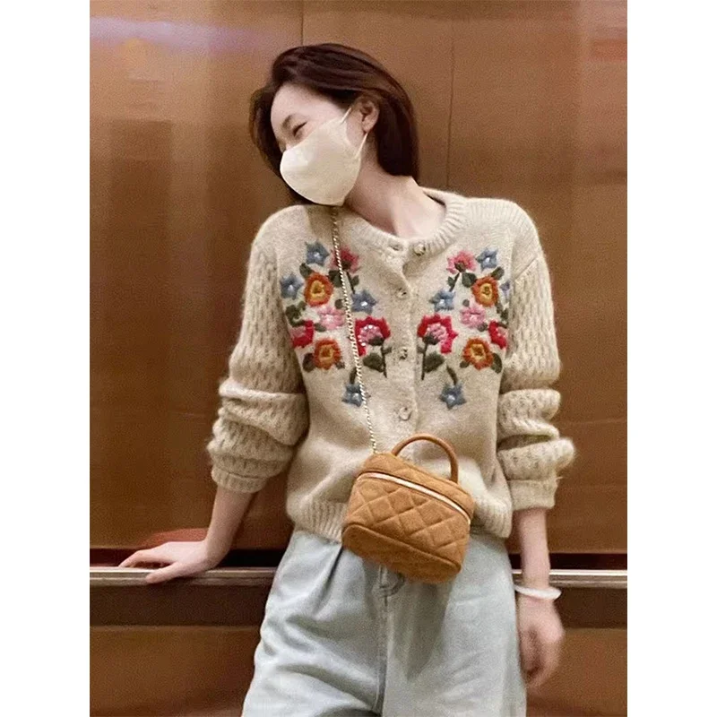 MEXZT Floral Embroidery Knitted Cardigan Women Vintage Cropped Sweater Coat Harajuku Korean Loose Knitwear O Neck Casual Jumpers