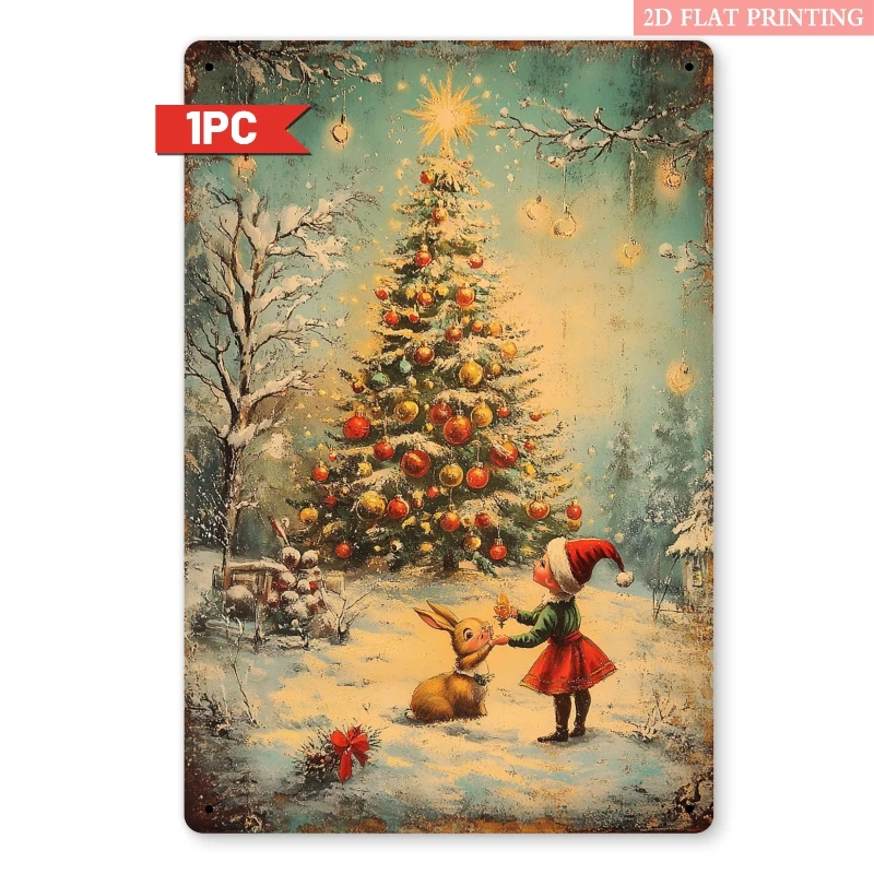 2D Flat, 1pc Vintage Iron Metal Wall Decor Sign - & Bunny by Christmas Tree with Snowy Winter Scene, 8x12 Inch Retro 2D Flat