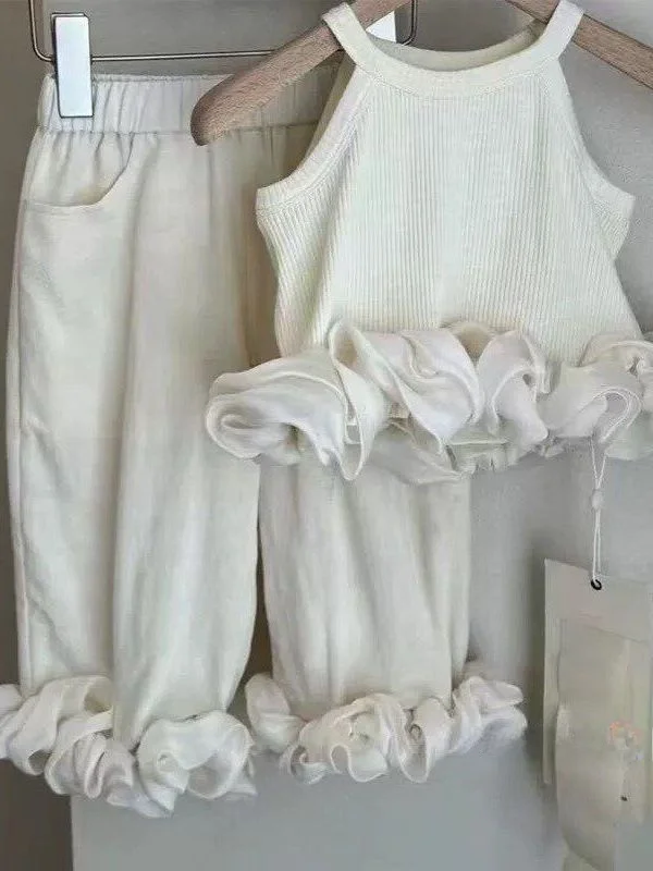 女の子の夏服セット韓国風ネックハンギングノースリーブベスト薄い花柄エッジロングパンツ子供服ポリエステル綿