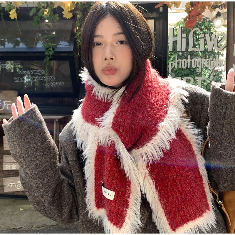 

Шерстяной вязаный шарф с бахромой, новогодний рождественский подарок, атмосферный шарф контрастных цветов, вязаный шарф с бахромой, зимние аксессуары