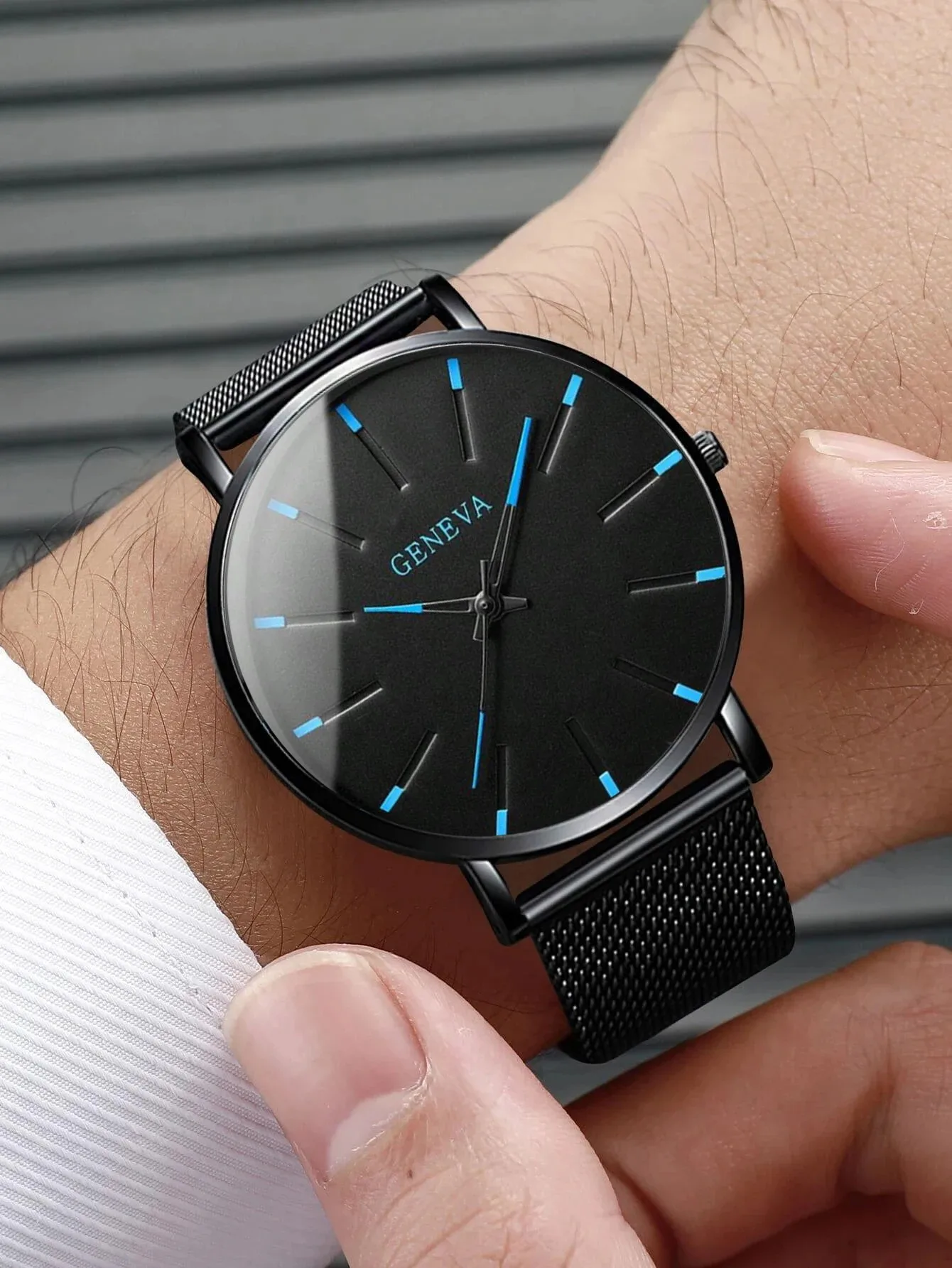 5PCS Set Mens Fashion Ultra Thin Watches Men Business Casual Quartz Wrist Watch Luxury Black Stainless Steel Mesh Belt Watch