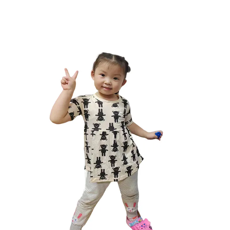 

Jumping Meters New Summer Children's Dresses Animals Bear Print Short Sleeve Baby Clothing Dress Toddler Frocks