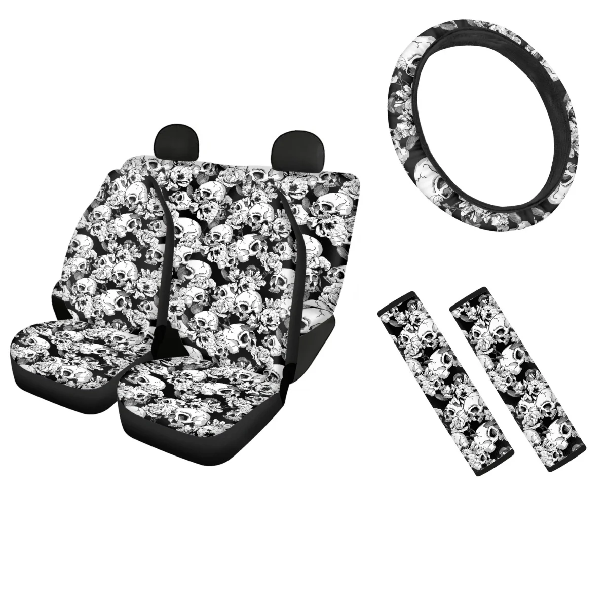 

Car Interior Seat Covers Set Black and White Skull Art Design Universal Seat Belt Pads Easy to Install Steering Wheel Cover