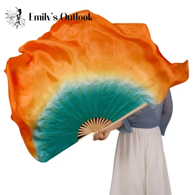 2 Layers Silk Veil 100% Real Silk Double Sided Fan Extra Long Colorful Flowy Belly Dance Props Stage Chinese Traditional Costume