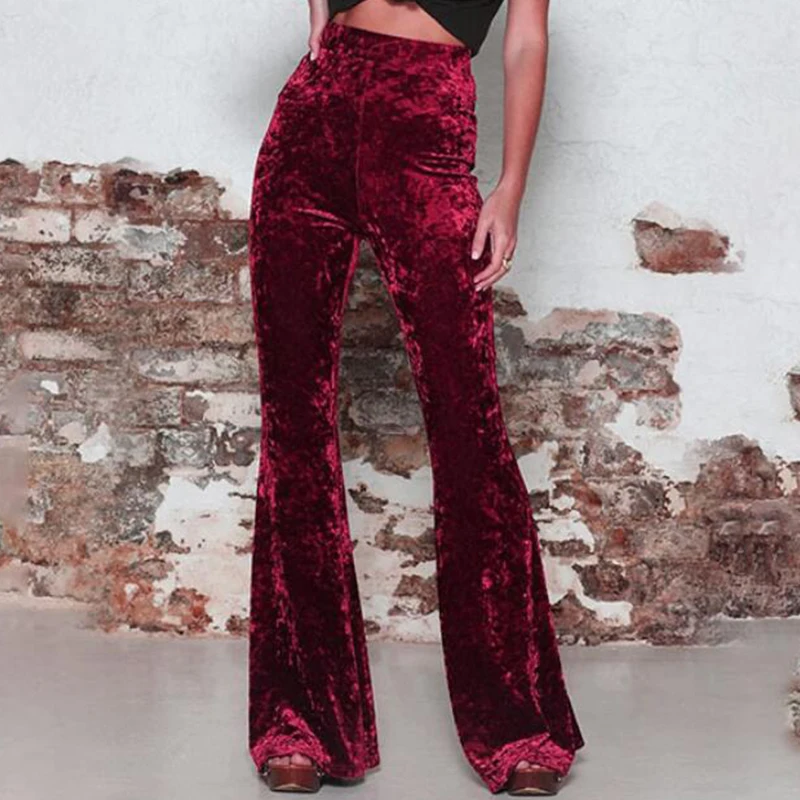 Vintage Velvet Long Flare Pants Women Korean Streetwear Sexy High Waist Trousers Lady Casual Velour Red Black Bell Bottom Pants