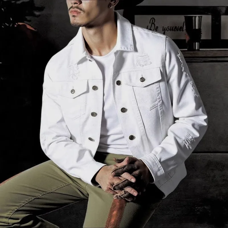 European American Plus-size Men's Denim Jackets, High Street Streetwear Brand Perforated Fat Men's Cross-border Exclusive Supply