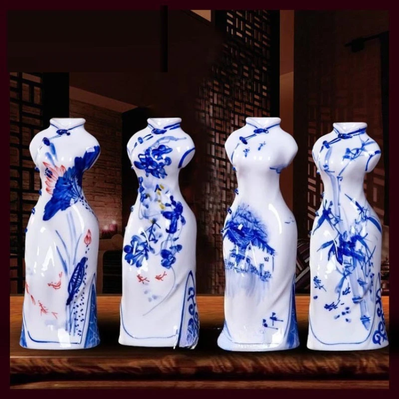 

Jingdezhen ceramics, hand-painted blue and white porcelain cheongsam vase ornaments modern home decoration handicrafts ornaments