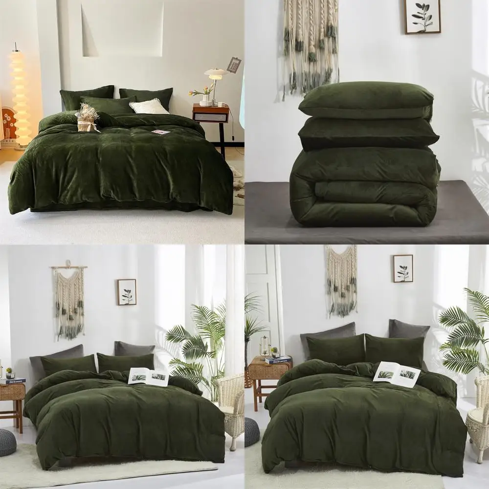 

Queen Size Dark Green Velvet Flannel Comforter Set with Minimalist Style and Thick Bedding