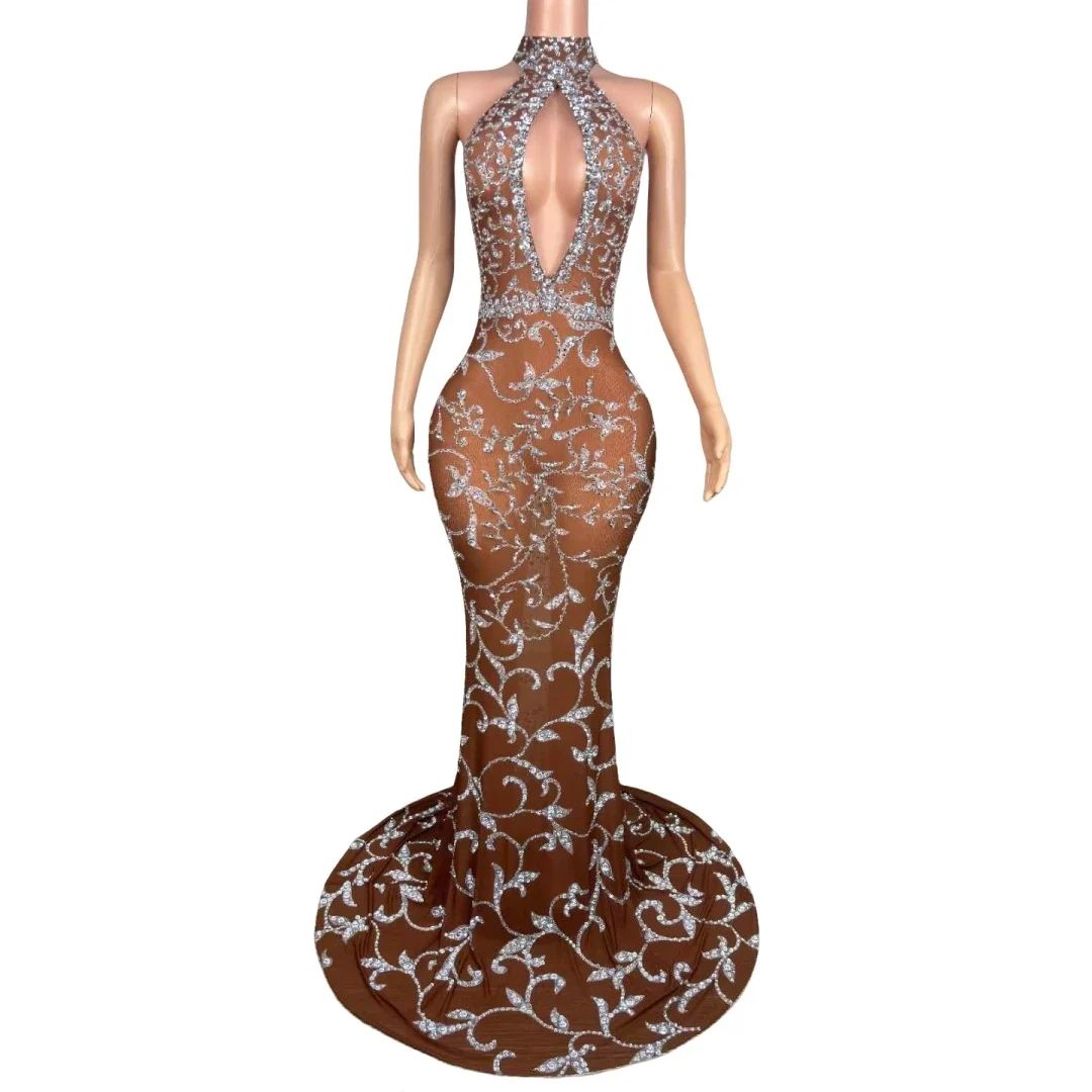 Mulheres sem mangas brilhantes strass estiramento malha baile festival elegante baile de formatura até o chão vestido longo ocasiões de aniversário 2025