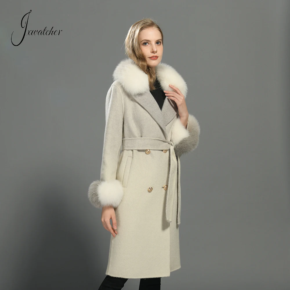 Jxwatcher Women's Cashmere Coats with Real Fur Ladies Elegant Gradient Long Wool Trench Coat Autumn Winter Fashion Outwear 2024