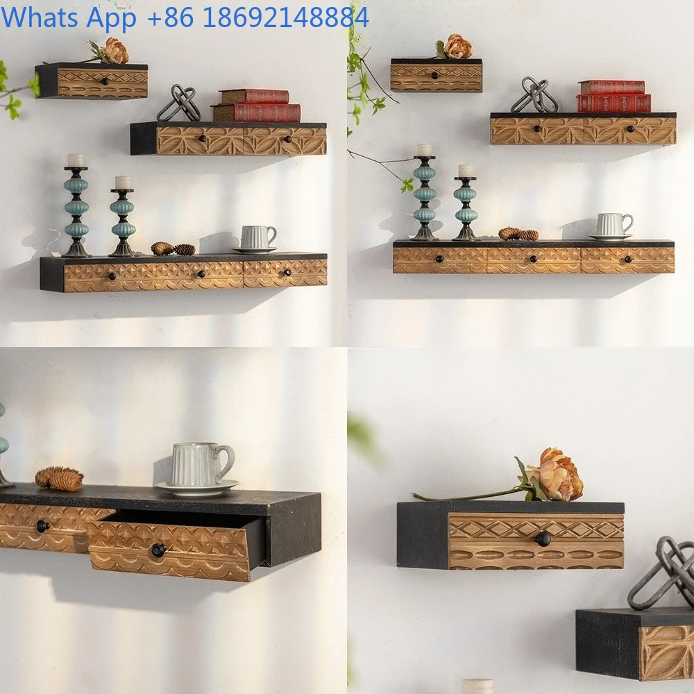 

Solid Wood Vintage Wall Shelf American Country Style Decorative Floating Cabinet with Storage Drawer