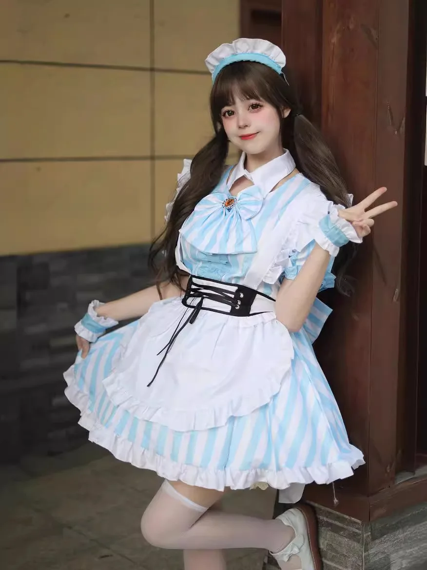 S -5XL Blue Strips Cute Lolita Maid Dress Costume Cosplay Girl Maid Dress Trending Girls Maid Party Costumes