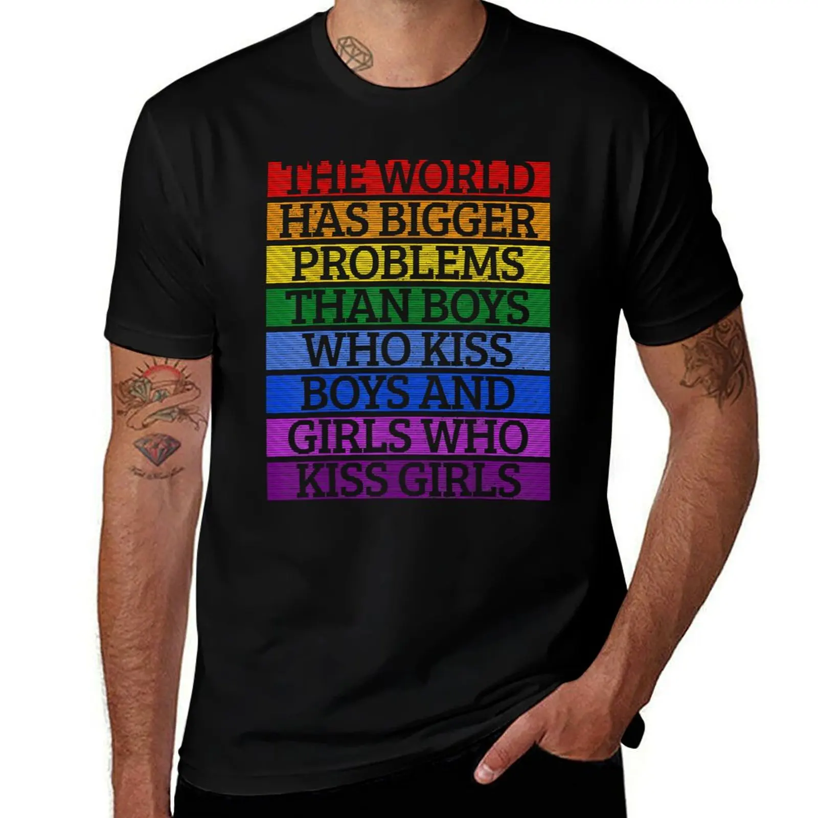 

Pride allyship Gay Pride Month LGBT The World Has Bigger Problems Rainbow T-Shirt Work Wear Simple Tee Shirt