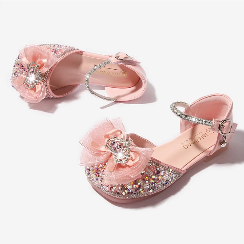 Girls Party Shoes Elegant Sweet Children Sequins Single Shoes Fashion Rhinestone Bowknot Kids Wedding Dress Flat Sandals Causal