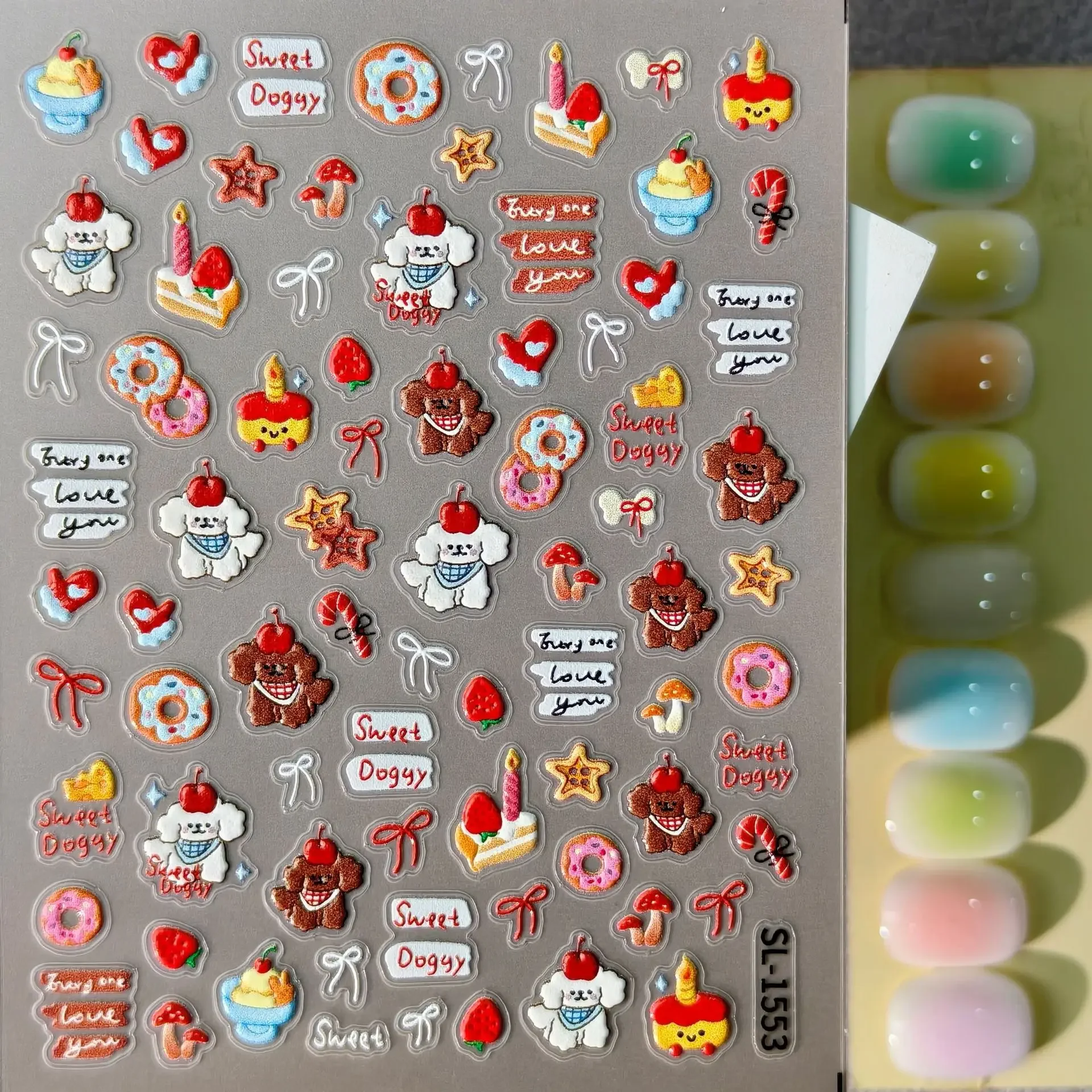 1 Set 5D Embossed Butter Cookie Puppy Nail Stickers Cute Dog Cherry Cake Waterproof Self Adhesive DIY Manicure Decor Ornaments
