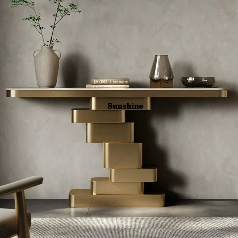 

Luxury High-End Stainless Steel Wire-Drawn Rock Plate Table for Entryway/Corridor