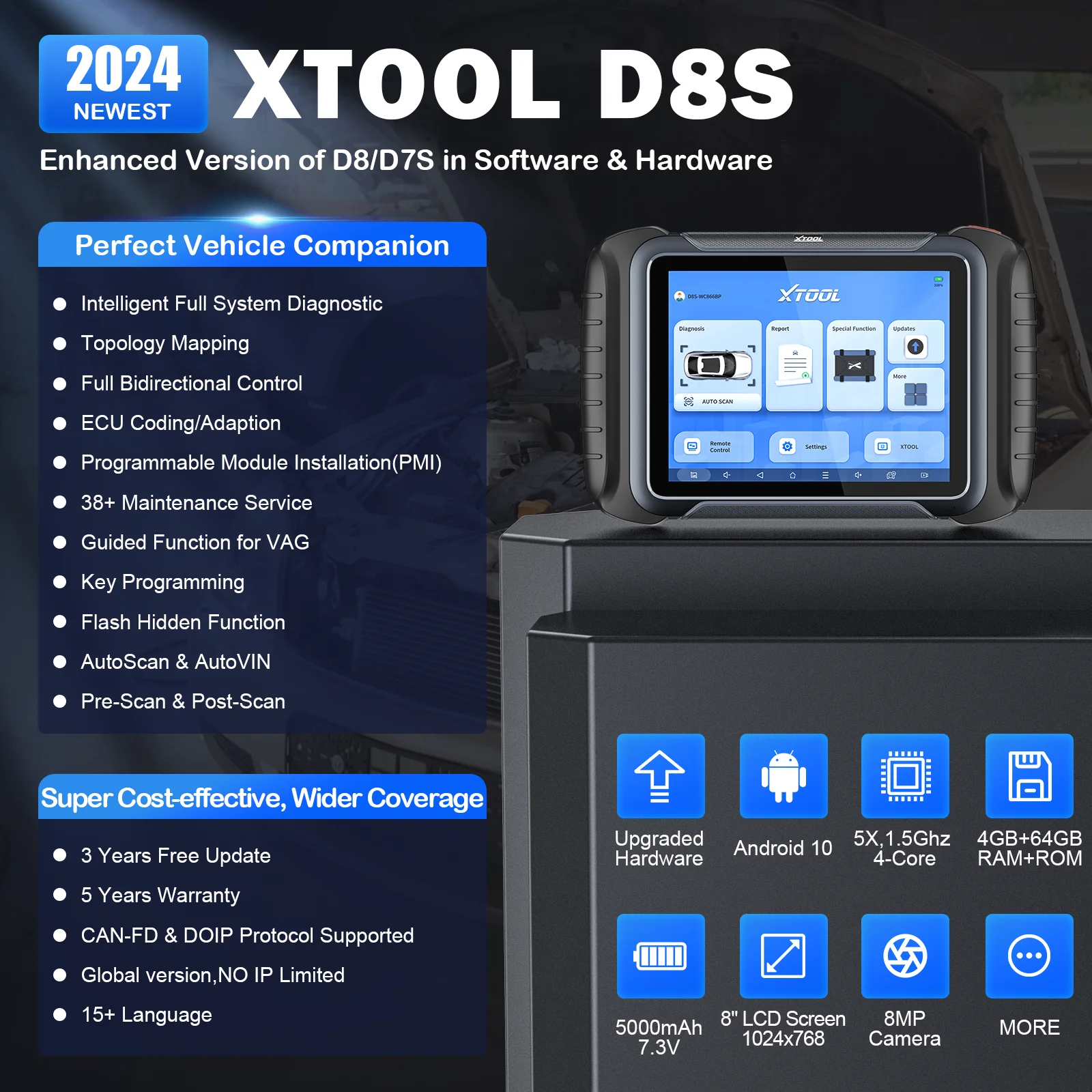 XTOOL D8S Full System Car Diagnostic Tools Upgraded of XTOOL D7S Automotive Scanner ECU Coding Bidirectional 38 Services CAN FD