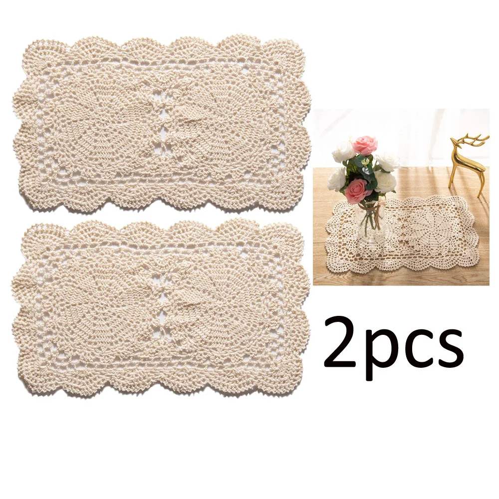 2 pcs Handmade Rectangle Doilies, 2-Piece Handmade Crochet Cotton Doilies Lace Table Crochet Placemats Coaster