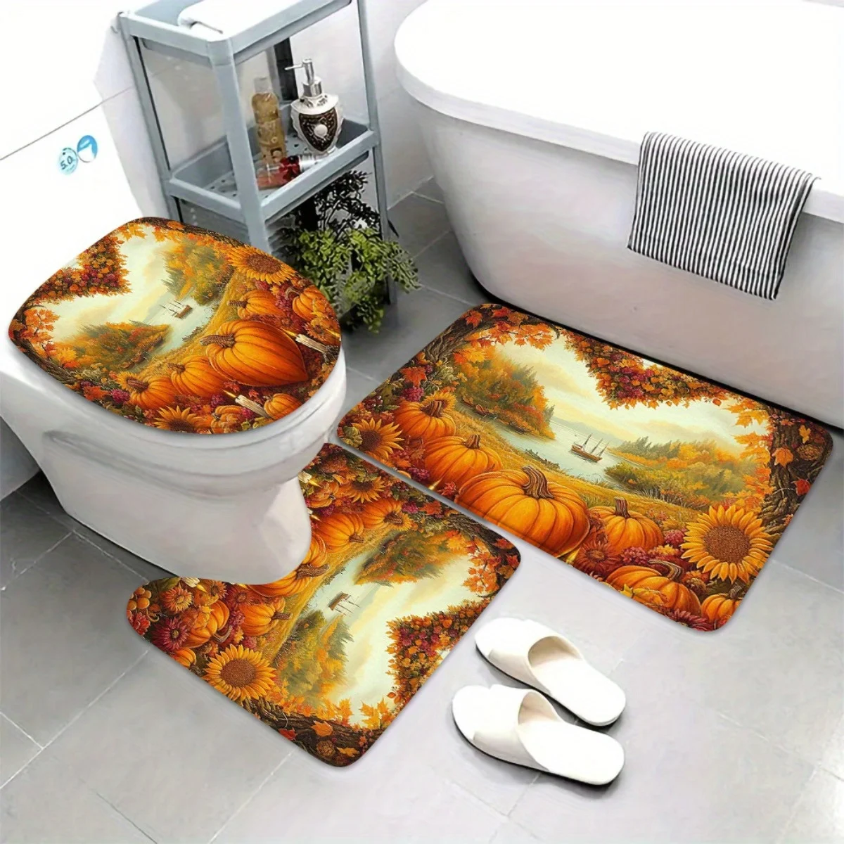 

3pcs Fall Harvest Bathroom Set - Plush Soft Flannel Fabric Pumpkin & Sunflower Bath Mat, Shower Curtain & Toilet Cover in Warm A