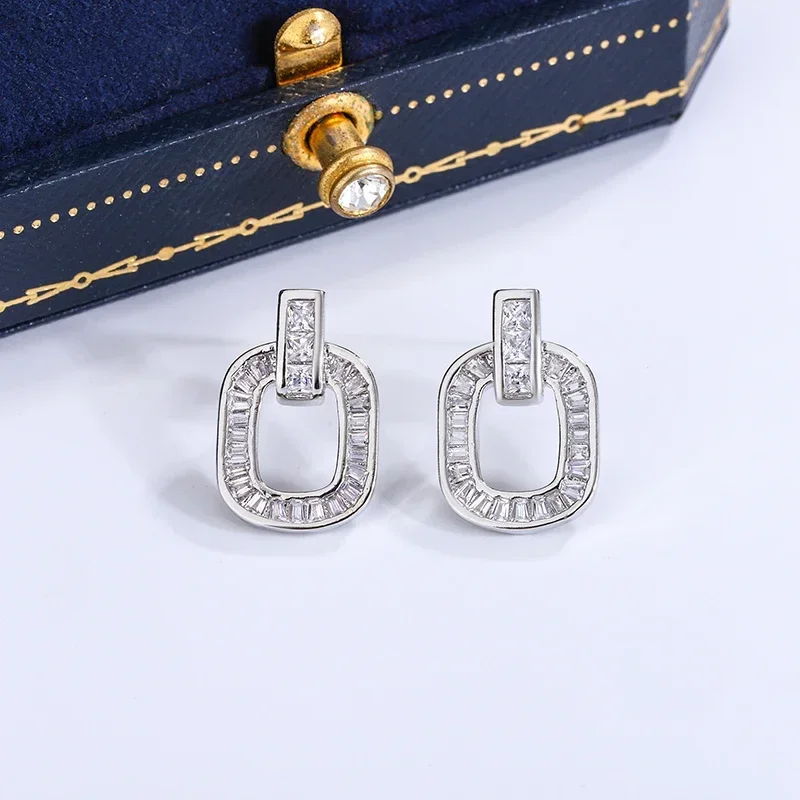 Delicate Geometric Full Diamond Earrings S925 Silver Plated Light Luxury AAAA Zircon Earrings Party Earrings Anniversary Gift