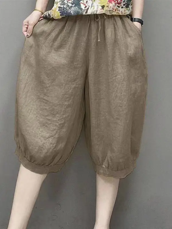 

Casual Cotton Linen Harlan Pants Women's Five-Point Lantern Pants Belted Natural Waist Korean Style Commute Simple Design