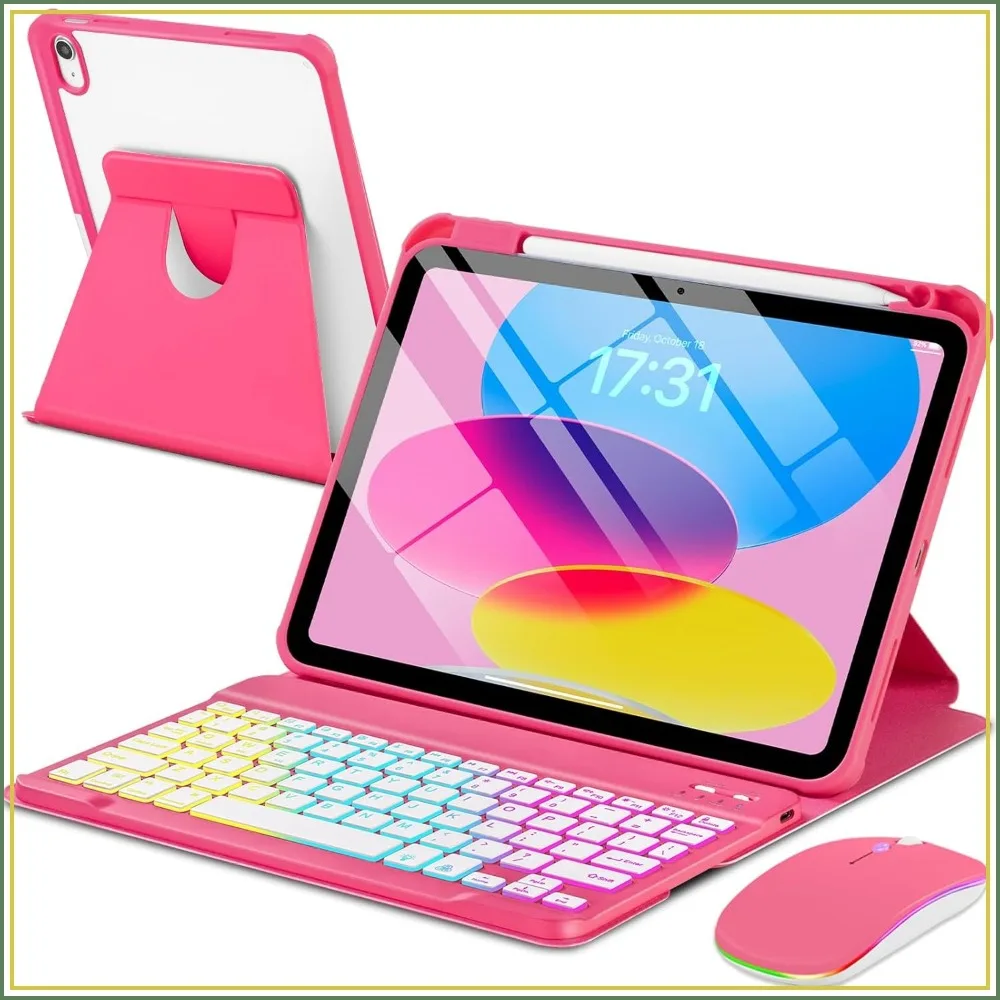 

Keyboard Case with Mouse for iPad 11th 10th Generation 11/10.9 inch, Rainbow Backlit Detachable Keypad Rotatable Magnetic Cover Pencil Holder