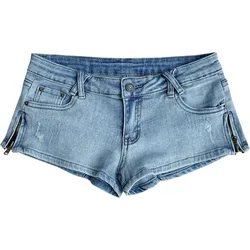 Short en Denim bleu clair pour femmes, Ultra-bas, taille Ultra-basse, extensible, Sexy, fesses, discothèque