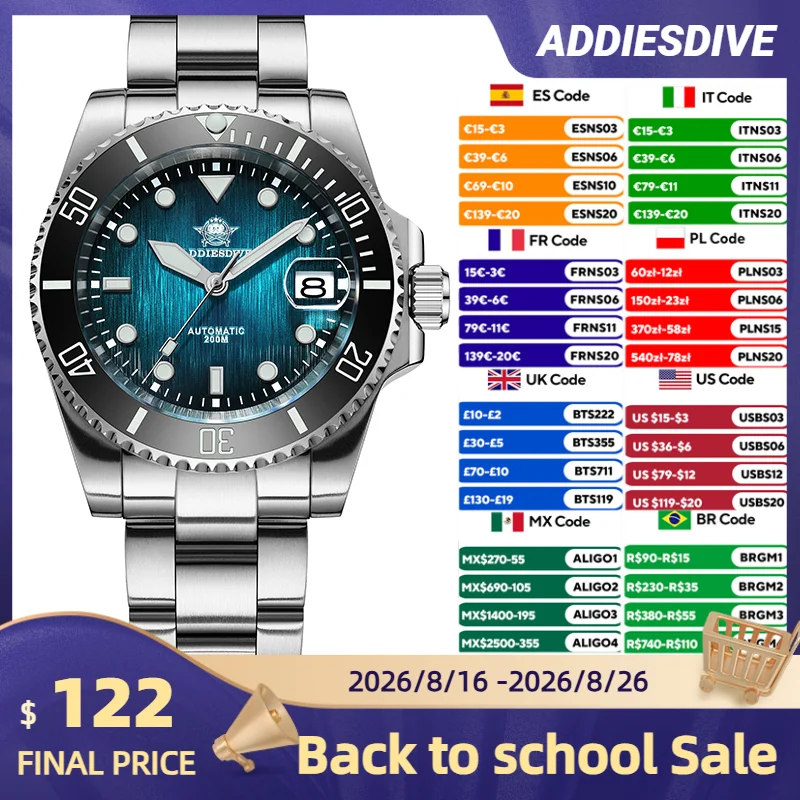 ADDIESDIVE Neue 41mm Männer Automatische uhren Saphirglas BGW9 Grün Leuchtende 200m Wasserdicht AD2078 Automatische Mechanische Uhr